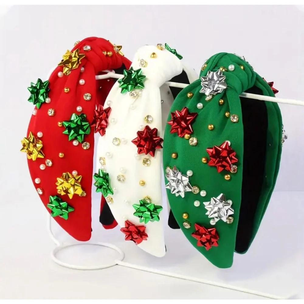 Red Top Knot Headband With Faux Pearls and Christmas Gift Bow Embellishments